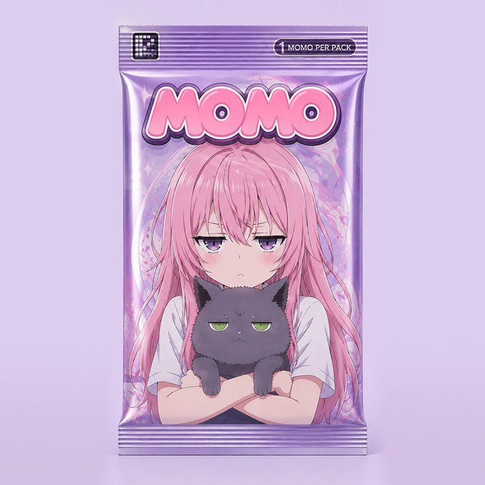 An anime-style illustration of a pink-haired girl holding a grumpy gray cat, packaged in a purple 'MOMO' branded snack wrapper with '1 MOMO PER PACK' text.