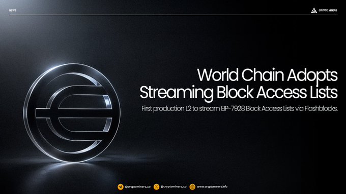 A news graphic from Crypto News announcing "World Chain Adopts Streaming Block Access Lists," noting it as the first production L2 to stream EIP-7928 Block Access Lists via Flashblocks.