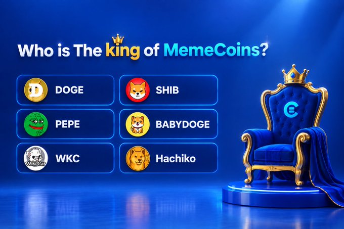 A blue-themed promotional graphic poses "Who is The king of MemeCoins?" featuring six contenders—DOGE, SHIB, PEPE, BABYDOGE, WKC, and Hachiko—each displayed in rounded panels alongside a crowned blue throne, symbolizing the quest to crown the top meme coin. The image visually reinforces the post's poll-style question by presenting each token as a candidate vying for the "king" title.