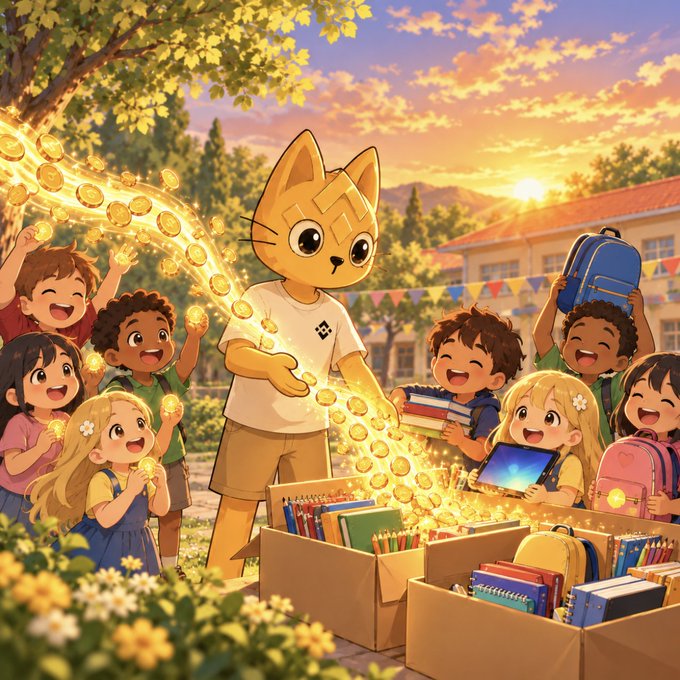 An anime-style illustration of a cat-headed character showering excited children with glowing coins from a box of school supplies at a sunset.