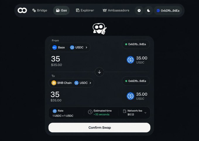 A cryptocurrency bridge interface on a dark background showing a swap of 35 USDC from the Base network to the BNB Chain, with an estimated time of ~35 seconds and a network fee of $0.12.