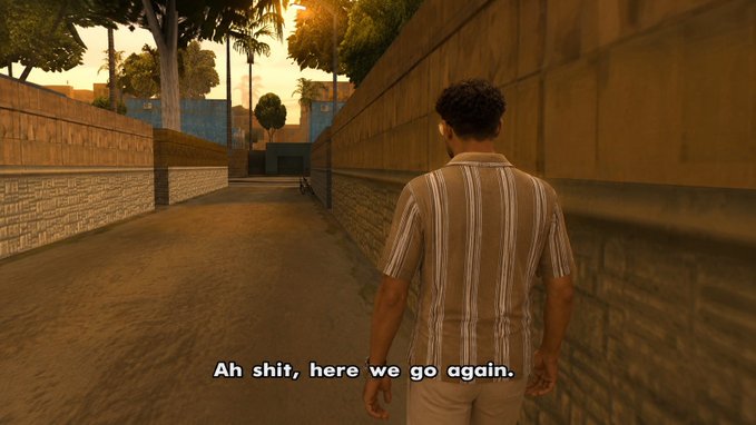 A video game character with curly hair, wearing a striped polo shirt, walks down a narrow alleyway at sunset while the subtitle "Ah shit, here we go again." appears at the bottom, humorously matching the post's self-deprecating tone about setting unachievable goals.