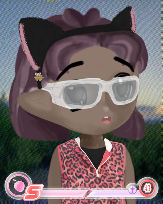 A 3D animated character with purple hair, cat ear headphones, white sunglasses, and a pink leopard print vest, appearing to be from a video game.