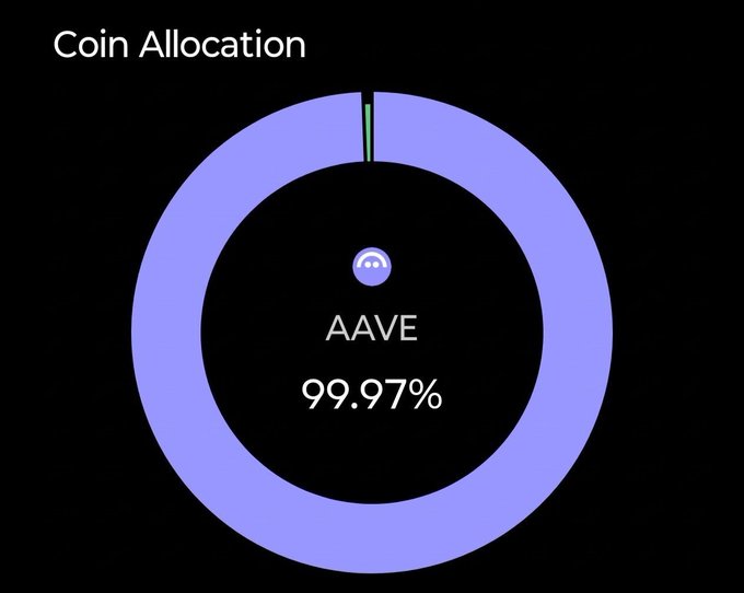 A donut chart titled 'Coin Allocation' shows AAVE holding 99.97% of the portfolio, represented by a large purple ring with a tiny green sliver at the top.