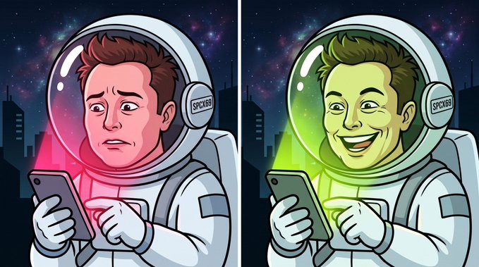 A side-by-side cartoon illustration of two astronauts in space suits looking at smartphones, one appearing sad with a red glow and the other happy with a green glow, set against a starry city backdrop.