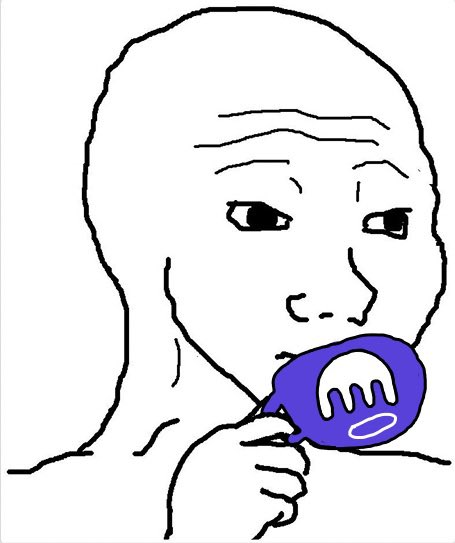A minimalist line drawing of a Wojak-like bald figure with drooping eyes, holding a blue speech bubble containing a small character.