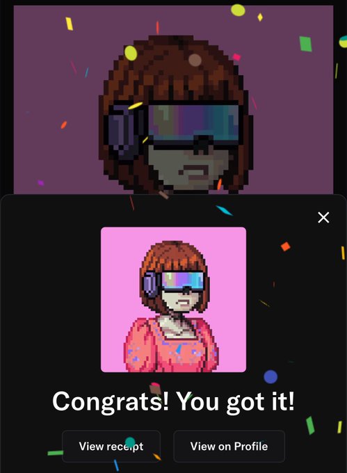 A digital collectible congratulations screen showing a pixel art character with an orange bob haircut, large visor, and pink shirt, with the text 'Congrats! You got it!' and buttons to 'View receipt' and 'View on Profile'.