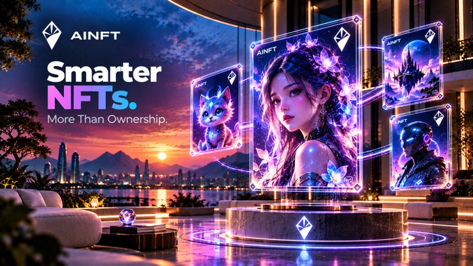 A promotional graphic for 'AINFT' with the tagline 'Smarter NFTs. More Than Ownership.' featuring floating holographic NFT cards displaying a cat, a woman with flowers, a castle, and a robotic figure, set against a sunset cityscape background.
