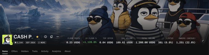 A Steam profile banner shows cartoon penguins in winter clothing against an icy backdrop, with the username 'CASH P.' and display name 'SEP.28th' alongside market data showing a floor price of 0.23 USD and a 24-hour volume of 1,260.00 USD.
