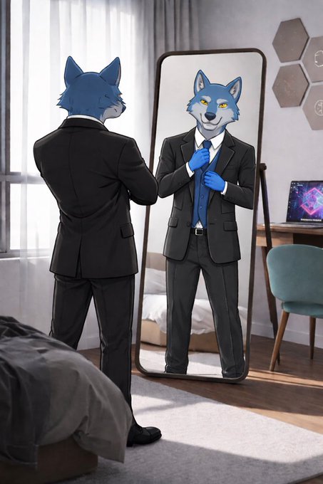 A digital illustration showing an anthropomorphic blue wolf character in a black business suit adjusting his blue tie while looking at his reflection in a full-length mirror.