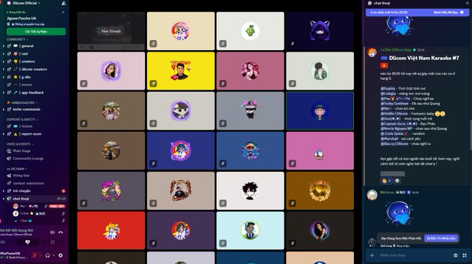 A screenshot of the Discord application showing a community server with various user avatars in a grid, a voice chat panel, and a discussion thread titled 'Đi Cùng Visit Nam Karaoke #7'.