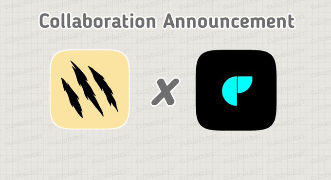 A 'Collaboration Announcement' graphic featuring two app icons separated by an 'X' on a light gray background with 'CLOUDQUEST' watermarks.