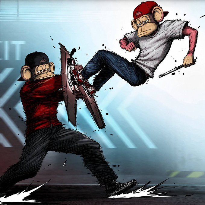 Two cartoon monkeys in a dramatic kung-fu fight—one in red executing a dynamic kick while the other in white leaps forward with a baton—mirrors the post's message about $BAYLA's Bungalow mechanic, symbolizing how projects cannot simply buy their way into the ecosystem but must earn entry through genuine commitment and "warm hands." The intense combat scene visually reinforces the idea of a protective barrier, where only those who prove their "held time" through real dedication can break through the architectural defense against mercenary liquidity.