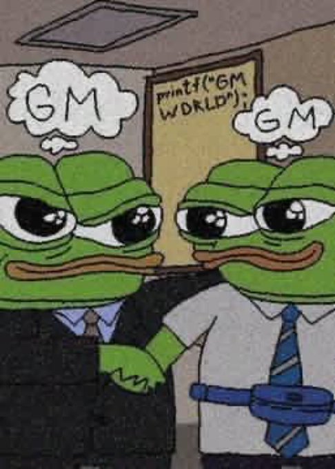 A cartoon depicting two Pepe the Frog characters in suits and ties shaking hands, with speech bubbles reading 'GM' and 'GM' near a framed print of 'GM WDRLD'.