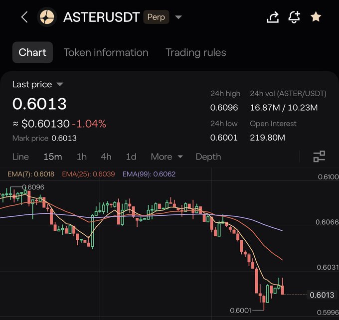 A cryptocurrency trading interface displaying the ASTERUSDT perpetual contract chart with a last price of 0.6013 (down 1.04%), 24h volume of 16.87M, and open interest of 219.80M.