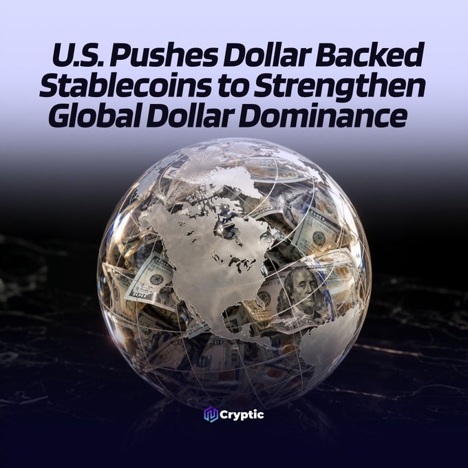 A graphic featuring a globe filled with U.S. dollar bills, overlaid with the headline "U.S. Pushes Dollar Backed Stablecoins to Strengthen Global Dollar Dominance" and branded with the Cryptic logo, visually reinforcing the post's message about Washington promoting dollar-backed stablecoins to maintain the dollar's international role in the onchain economy.