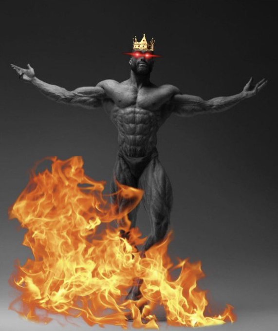 A dramatic dark figure with glowing red eyes, a golden crown, and outspread arms stands amidst rising flames against a gray background.