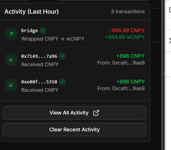 A dark-themed crypto wallet activity panel showing 3 transactions: a bridge converting -895.99 CNPY to +894.99 wCNPY, and two received payments of +896 CNPY from address 0xcafc...9ae9.