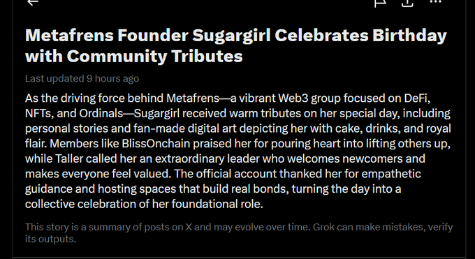 A news article headline reads 'Metafrens Founder Sugargirl Celebrates Birthday with Community Tributes,' describing tributes that included personal stories and fan-made digital art depicting her with cake, drinks, and a royal flair.
