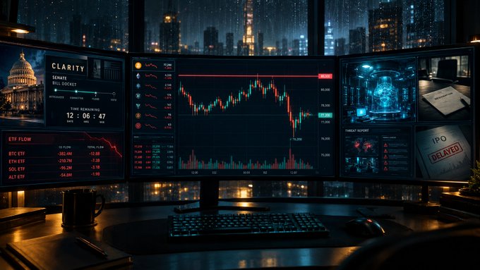 A trader’s multi-monitor trading station glows in a dimly lit high-rise overlooking a rainy city skyline at night, with the central display showing a sharp BTC candlestick chart trending downward and the left panel labeled "CLARITY — ENGAGE BILL DOCKET" with a countdown timer reading "12:06:47." ETF flow tickers (BTC ETF, ETH ETF, SOL ETF, ALT ETF) show negative percentages, an "IPO DELAYED" stamp appears on a document on the right screen, and a "THREAT REPORT" panel flashes warnings — visually echoing the post’s mood of BTC losing 80K, wicking to 76K, and the trader stepping back for 8 days while the chart “did not miss” them.
