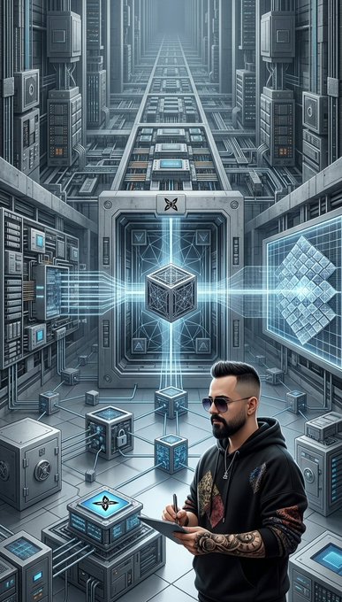 A futuristic digital artwork showing a bearded man with tattoos and sunglasses holding a tablet, standing in a high-tech server room with holographic displays and a glowing blue cube.