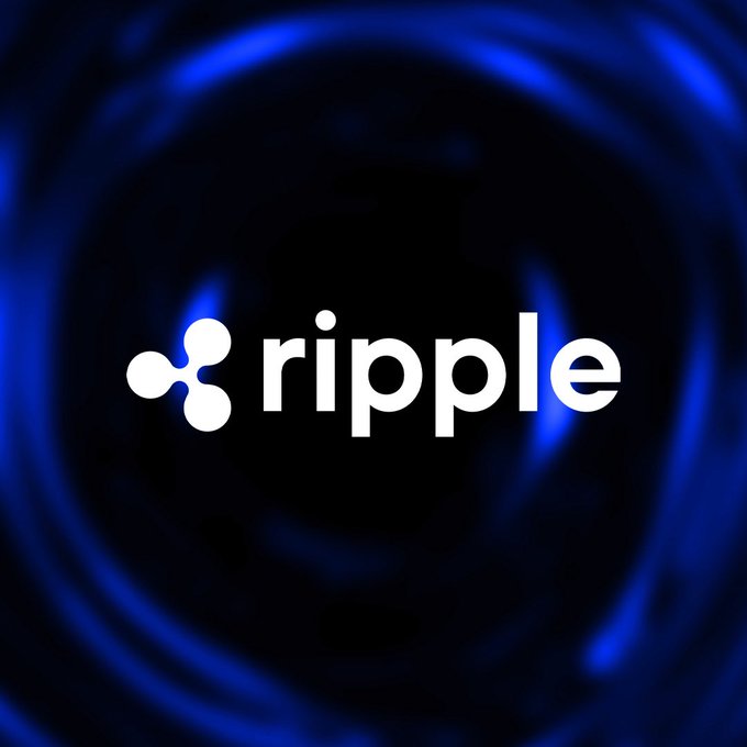 The Ripple logo is displayed in white text alongside its three-circle emblem on a dark blue background featuring swirling, ripple-like patterns.