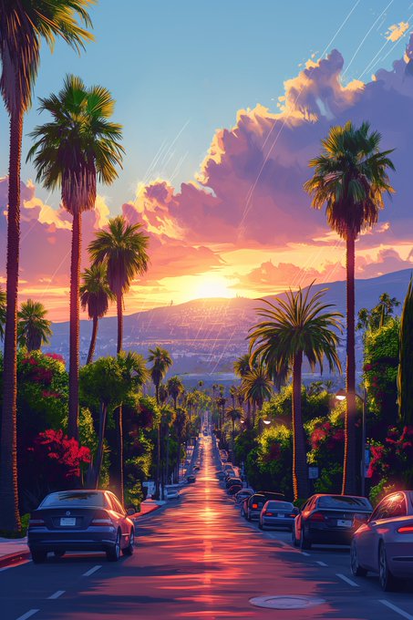 Stylized digital illustration of a palm tree-lined street at sunset with pink and orange clouds, cars parked along the road, and distant mountains under a vibrant sky.