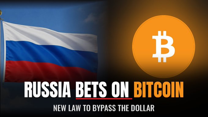 The image features the Russian flag alongside an orange Bitcoin logo, with bold text reading "RUSSIA BETS ON BITCOIN" and a subheading "NEW LAW TO BYPASS THE DOLLAR." It visually accompanies news of Russia's crypto bill advancing to a second reading, illustrating the country's strategic move toward digital currency to circumvent dollar dependency in foreign trade.