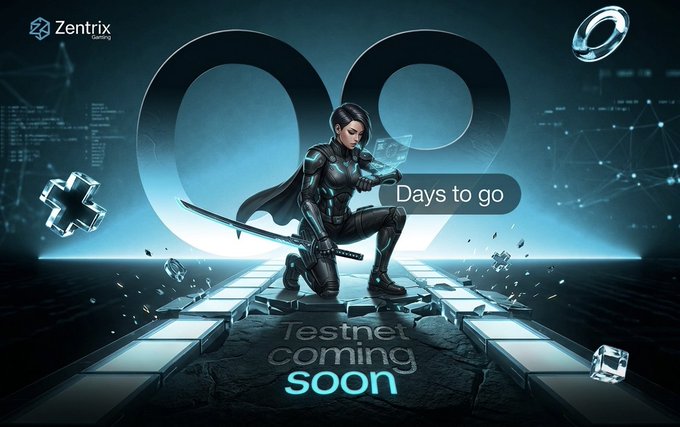 The image is a promotional graphic from Zentrix announcing their testnet launch, featuring a futuristic female warrior with a glowing sword kneeling on a digital platform alongside the text "00 Days to go," "Testnet coming soon," and the Zentrix logo. It visually reinforces the post's message by showcasing the project as tangible and action-oriented rather than just conceptual, emphasizing a concrete upcoming product milestone (the testnet) that gives the Web3 gaming project real utility beyond token speculation.