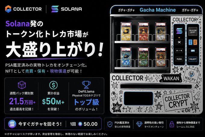 The image features a vending machine with a collection of cards displayed, including collector's items such as coins and cards. The text on the machine indicates that it is a collector's edition item, possibly related to cryptocurrency or NFTs. The machine also has Japanese writing on it, suggesting that it may be targeting an international audience. The image includes various elements like stars and numbers, which could represent different aspects of the collector's items available for purchase.