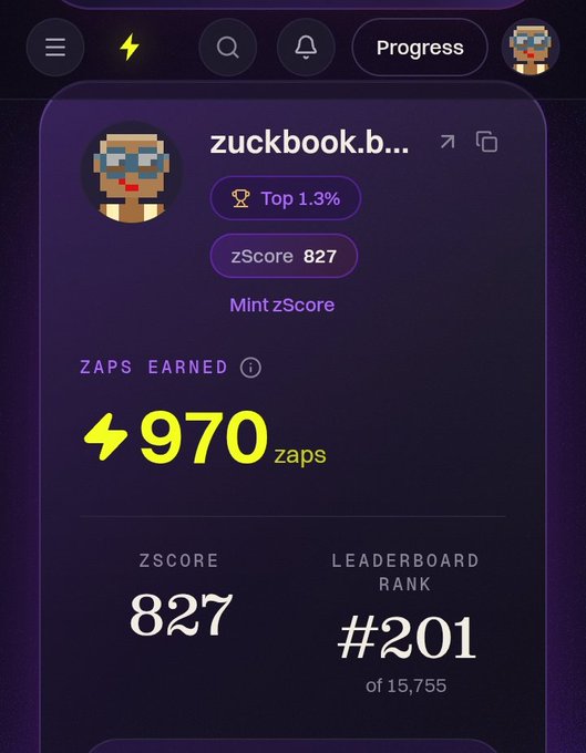 A mobile app screenshot showing a 'Zaps Earned' interface with a user avatar, displaying a zScore of 827, 970 zaps, and a leaderboard rank of #201 of 15,755.