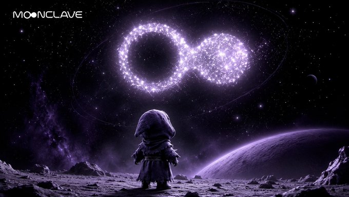 A stylized digital artwork titled 'MOONCLAVE' showing a hooded figure standing on a rocky lunar surface, gazing at an infinity symbol formed of stars in the purple-hued cosmos.