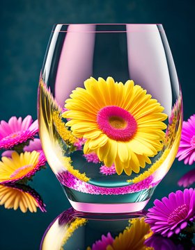 A vibrant digital artwork of a bright yellow and pink gerbera daisy inside a clear glass vase, with additional pink and yellow flowers arranged around its base.