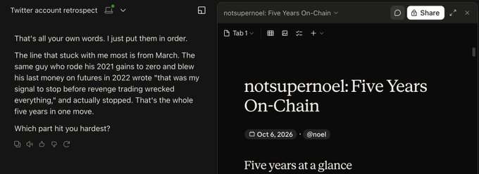 A screenshot of Twitter/X showing a thread by @retrospect_ discussing a Substack article titled 'notsupernoel: Five Years On-Chain' by @noel, published Oct 6, 2026.