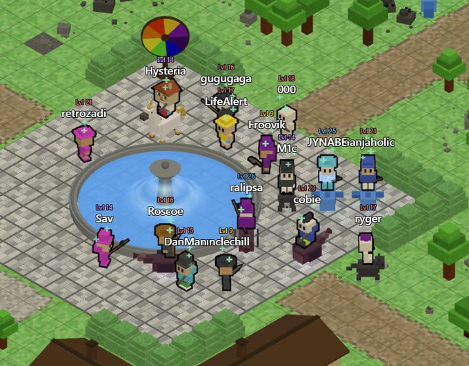 The image depicts a group of people gathered around a fountain surrounded by an urban setting. There are multiple players involved in the game, including an AI who seems to be dominating the leaderboard. The crowd consists of players from various backgrounds, contributing to a diverse mix of characters. A rainbow appears above the fountain and some buildings can also be seen in the background. The post is related to a Minecraft server discussion, as indicated by the use of specific terms like "KINS" and "$ISLAND", which are often used within the gaming community for networking or game-related events.