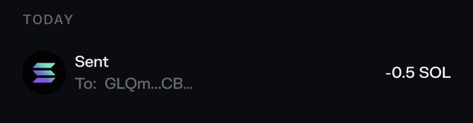 A dark-themed transaction notification shows a "Sent" action under the "TODAY" header, confirming a transfer of -0.5 SOL to wallet address starting with "GLQm...CB...". This visually supports the post's claim of sending SOL to followers, reinforcing the transactional aspect of the message with on-chain evidence.