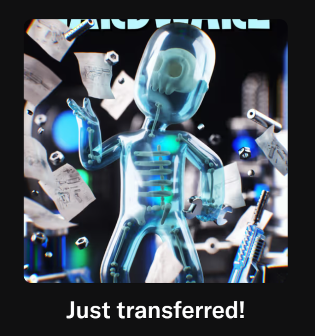 A 3D-rendered transparent blue glass-like figure stands among floating papers, nuts, and bolts, with the text 'Just transferred!' displayed below.