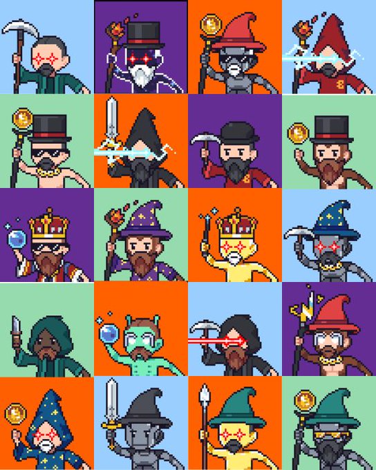Grid of 20 pixel-art character portraits featuring wizards, kings, and warriors with various hats, beards, crowns, and laser eyes, set against alternating purple, orange, and blue backgrounds.