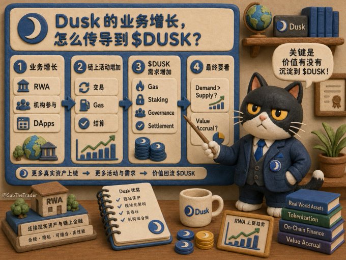An educational infographic featuring a cartoon cat in a suit explaining the value accrual of '$DUSK', with Chinese text detailing RWA, on-chain activity, and demand.