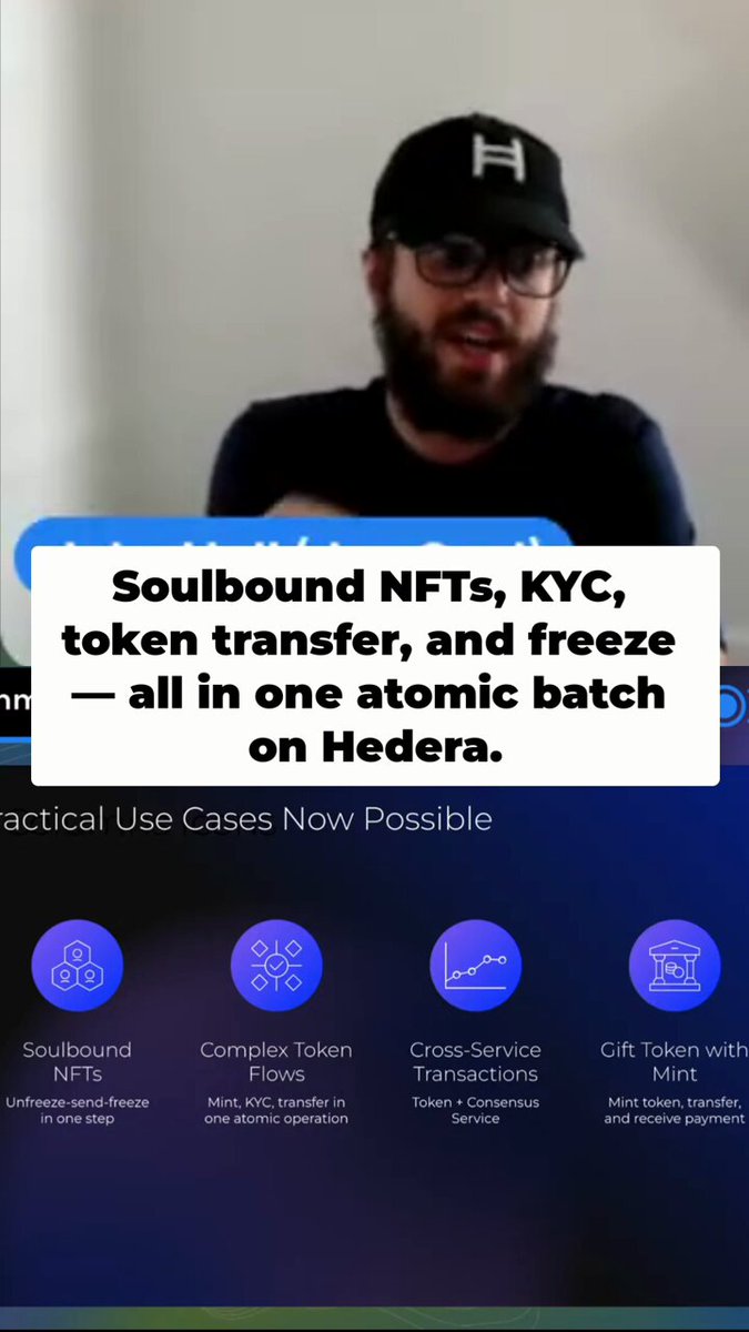 The image shows a man wearing glasses, sitting down with his arms crossed, possibly posing for a photo or video. The main focus of the image is a computer screen displaying information about Soulbound NFTs, KYC, token transfer, and freeze on Hedera.
