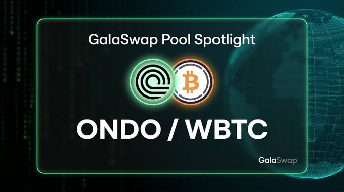 A promotional graphic for GalaSwap highlighting the ONDO/WBTC pool, featuring both token logos against a digital globe background. The image aligns with the post by showcasing the ONDO/GONDO and WBTC/GWBTC token pair along with the GalaSwap branding.