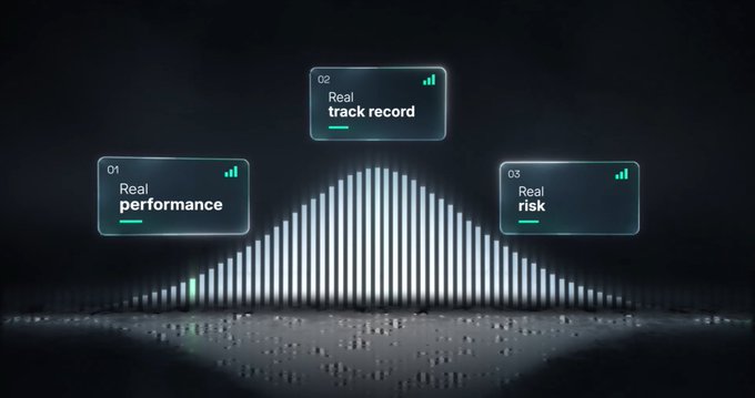 A dark futuristic visualization featuring a glowing white bell-curve waveform with three labeled data points: "01 Real performance," "02 Real track record," and "03 Real risk," symbolizing the evaluation framework that Agenticscredit uses to distinguish credible AI trading agents from overhyped ones. The image visually reinforces the post's message that beyond flashy AI trading bots, what's truly needed is a reliable system to measure performance, track record, and risk.