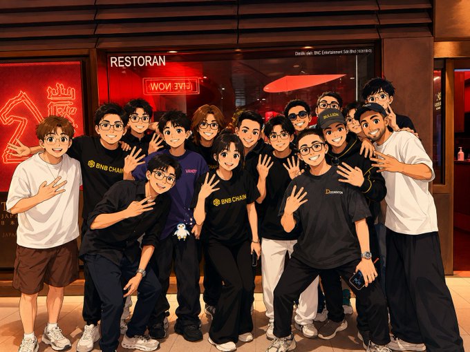 A group of around 15 young people pose enthusiastically with raised hands in front of a restaurant displaying "RESTORAN" and "LIVE NOW" signs, with several wearing BNB Chain branded shirts. The gathering reflects the post's celebration of a KL networking meetup sponsored by BNB Chain, bringing together crypto community friends over BBQ.
