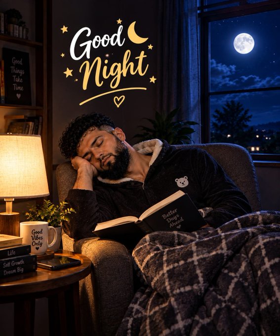 A warm, cozy nighttime scene of a bearded man in a teddy bear robe sleeping in an armchair with a book, under a 'Good Night' wall decal with moon and stars, beside a window showing the moon.