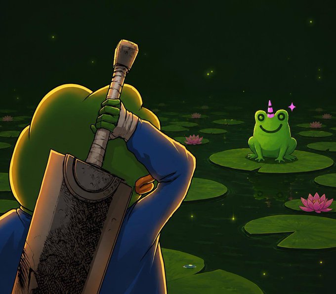 A frog in a unicorn hat sits on a lily pad, smiling at a sword-wielding figure from the back as they prepare to embark on a journey through a moonlit swamp.