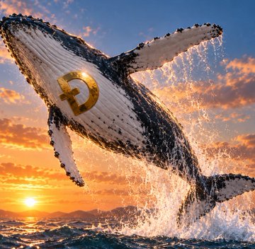 A giant whale breaches the ocean at sunset, with a Dogecoin (DOGE) logo on its side, symbolizing the massive accumulation of over 1.14 billion tokens by major holders in recent days. The dramatic imagery of the powerful whale mirrors the significant buying activity by DOGE whales, highlighting the scale and impact of their accumulation on the market.