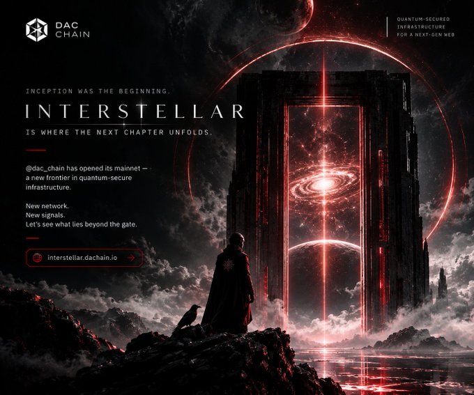 A sci-fi promotional poster for "DAC CHAIN" featuring "INTERSTELLAR" with the tagline "INCEPTION WAS THE BEGINNING. IS WHERE THE NEXT CHAPTER UNFOLDS," showing a cloaked person and a raven facing a massive futuristic structure with a glowing red portal against a cosmic backdrop.