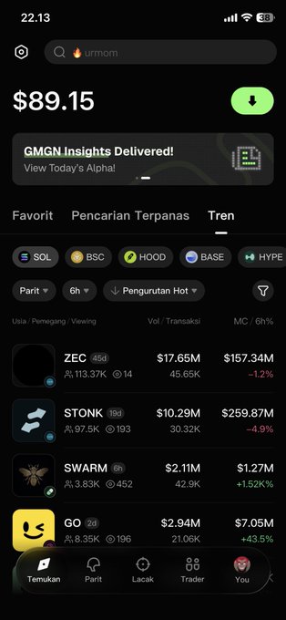 A mobile cryptocurrency trading app screenshot showing a balance of $89.15 and a list of trending tokens including ZEC, STONK, SWARM, and GO.