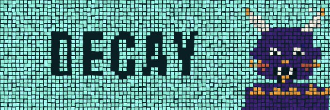 A pixelated mosaic image showing the text 'DECAY' next to a purple character with antennae and a stitched smile.