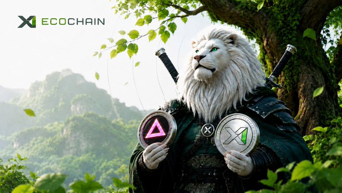 The image features a lion statue holding two coins, one silver and one green, with the text "X1 Ecochain" above them. The background of the image shows a mountain landscape with trees and greenery. The caption below the image reads "The X1 EcoChain Campaign on Arkada.gg is in full swing! app.arkada.gg/en/category/x1 ... A whole pack of activities is waiting for you inside: On-Chain Routine: Claim testnet coins, perform daily swaps, and send your @OnChainGm".